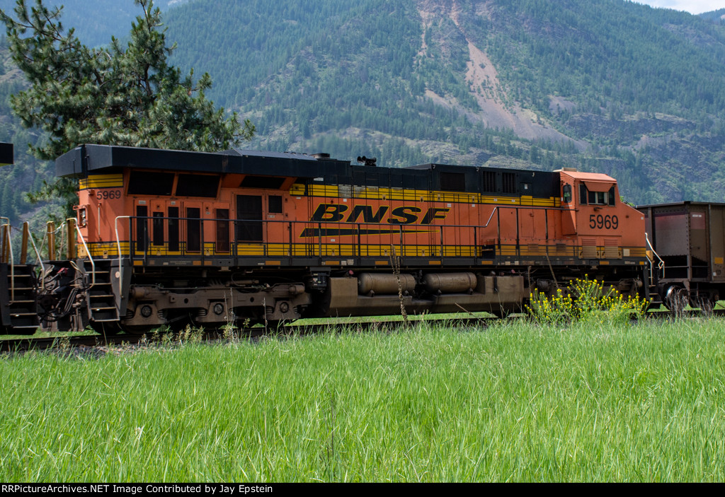 BNSF 5969 trails on an eastbound coal train 